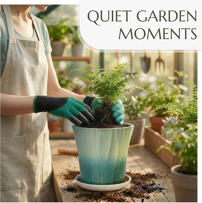 8.3 Inch Ceramic pots for Plants with Saucer Drainage Leak-Proof Mesh, Round Plant Pot with Gardening Gloves for Indoor Outdoor Plants (Rippled Green)