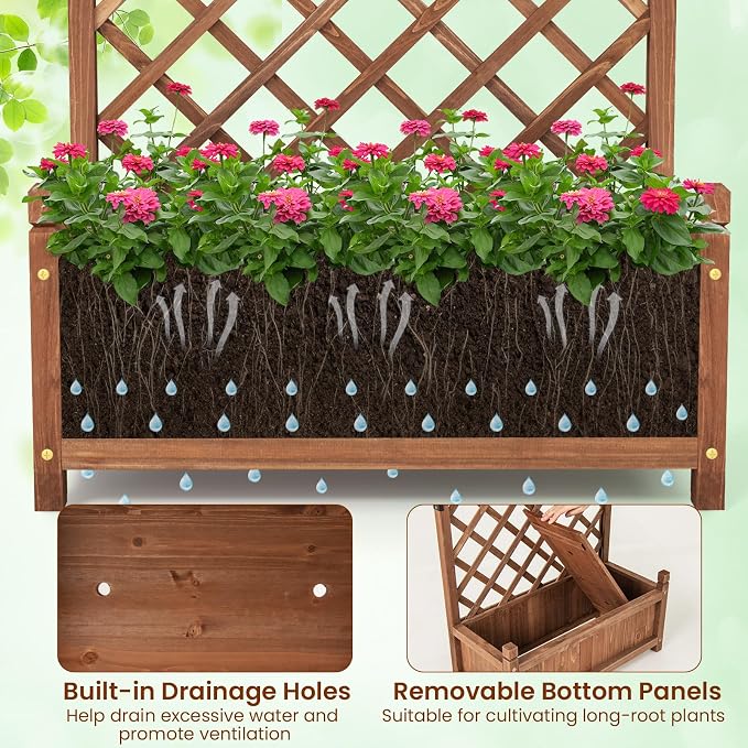 Giantex Raised Garden Bed with Trellis, 60” Wooden Planter Container with Drainage Holes, High Trellis for Plant Flower Climbing Pot Hanging, Indoor & Outdoor Planter Box for Yard Garden Balcony