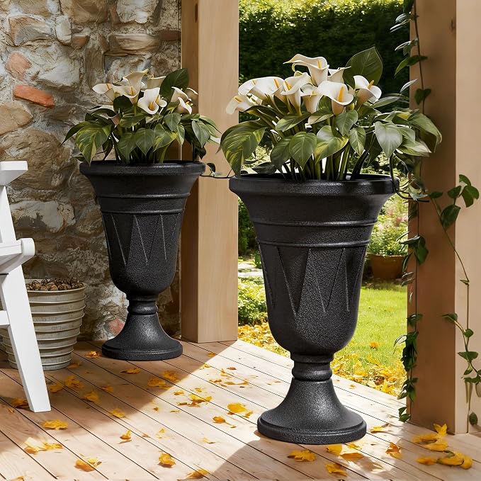 Tall Urn Planters for Outdoor Plants Set of 2-23.6" H Vintage Trophy Design Outdoor Planters for Porch Decor with Drainage Hole, Indoor Large Flower Pots, Pedestal Planter/Garden Vase, Black