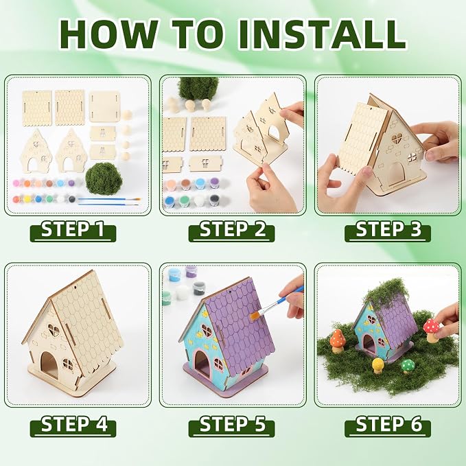 DoubleFill 12 Sets Wooden Fairy House Craft Kit for Kids - Classroom DIY Fairy Garden with Paints & Decorations - School Arts Crafts & Birthday Gift for Activity Party Decor (3 Mixed Cute Roof Styles)