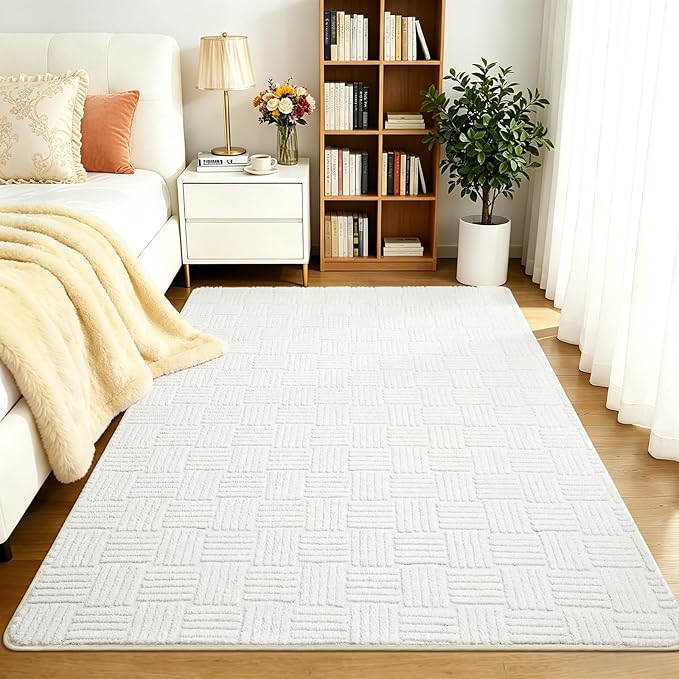 3x5 White Washable Shag Area Rug for Girls Bedroom, Modern Geometric Non Slip Living Room Rugs, Soft Carpet for Kids Room, Dorm, Office, Bedside, Entryway and Home Decor