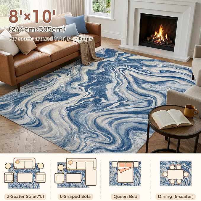 DMOYEST 8x10 Area Rug for Living Room Washable Abstract Indoor Carpet | Neutral Modern Low Pile Rugs Kid & Pet Friendly Large Soft Thin Carpet for Bedroom Dining Room and Office - Navy Blue