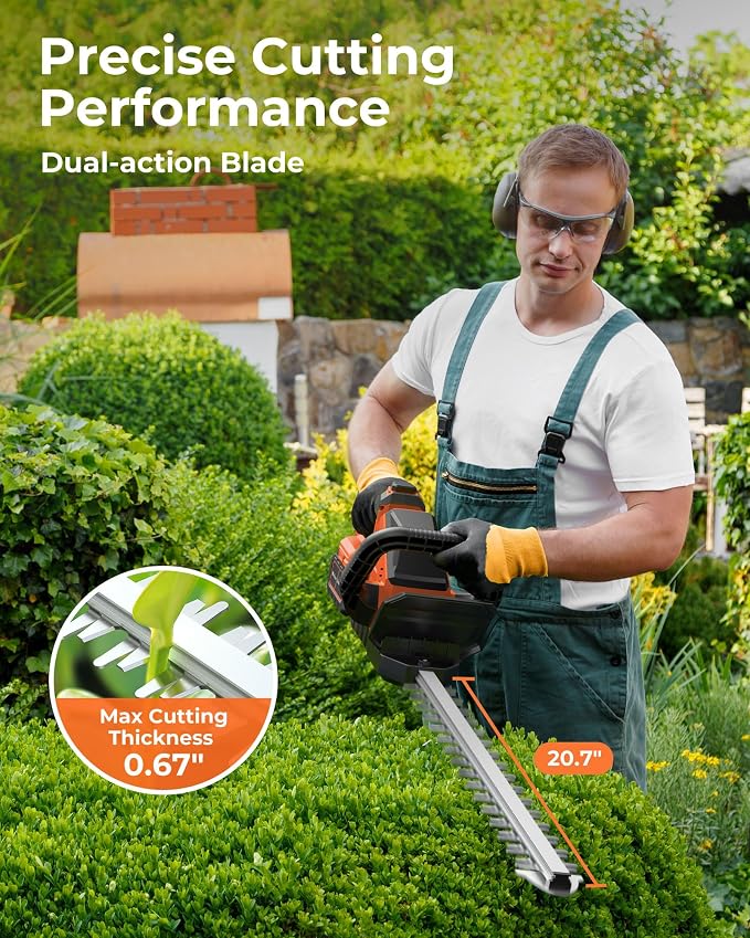 20'' Hedge Trimmers Cordless with 2pcs 4000mAh Battery, Brushless Electric Bush Clipper with Rechargeable Batteries, 3000RPM 180° Rotatable Head, 2/3'' Blade Gap Orange,Gifts for Father’s Day
