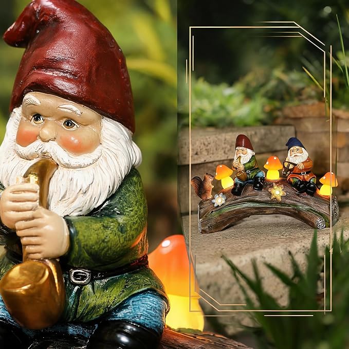 Solar Garden Gnome Statue - Whimsical Solar-Powered Lawn Ornament for Outdoor Decor, Waterproof Yard Art with Warm LED Mushroom Lights, for Homeowners & Garden Enthusiasts