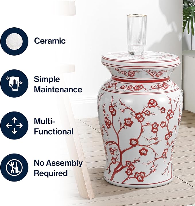 JONATHAN Y Cherry Blossom 18" Ceramic Chinoiserie Garden Stool, Traditional Floral Accent Side Table and Plant Stand for Indoor/Outdoor Garden, Patio, Living Room, Red/White TBL1016B