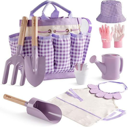 ROBUD Kid Gardening Set, Purple Wooden Garden Tool for Kid, Garden Tool Kit with Tool Storage Bag, Apron, Gloves, Montessori Toys for Kids to be Closed to Nature, WRP52