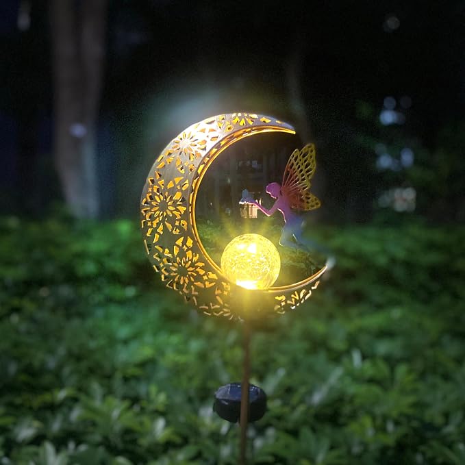 Waterproof Solar Moon Fairy Crackle Glass Lights, Metal Stake for Yard Patio Lawn Pathway Decor