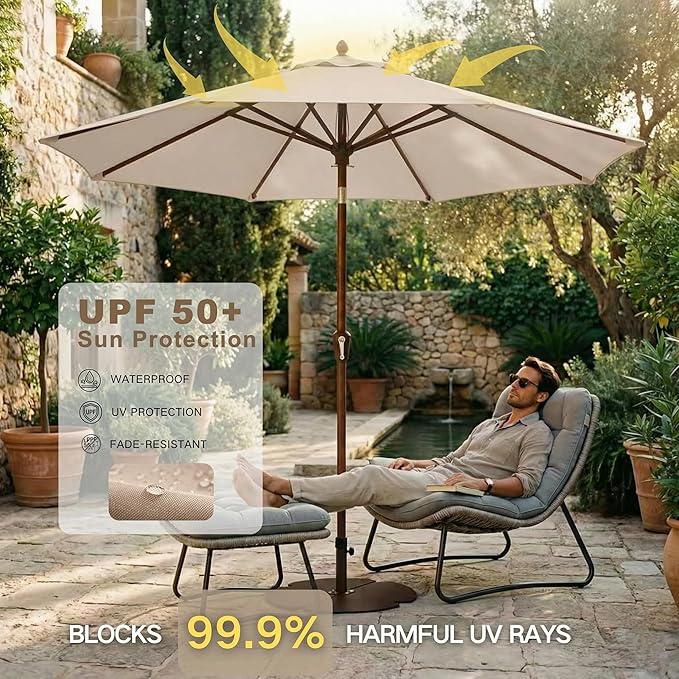 Kingdura 9FT Outdoor Patio Umbrella, Round Market Table Umbrella with Push‑Button Tilt and Crank Lift, 8 Sturdy Metal Ribs, UV50+ Protection Canopy for Backyard, Lawn, Deck, Poolside, Garden (Beige)