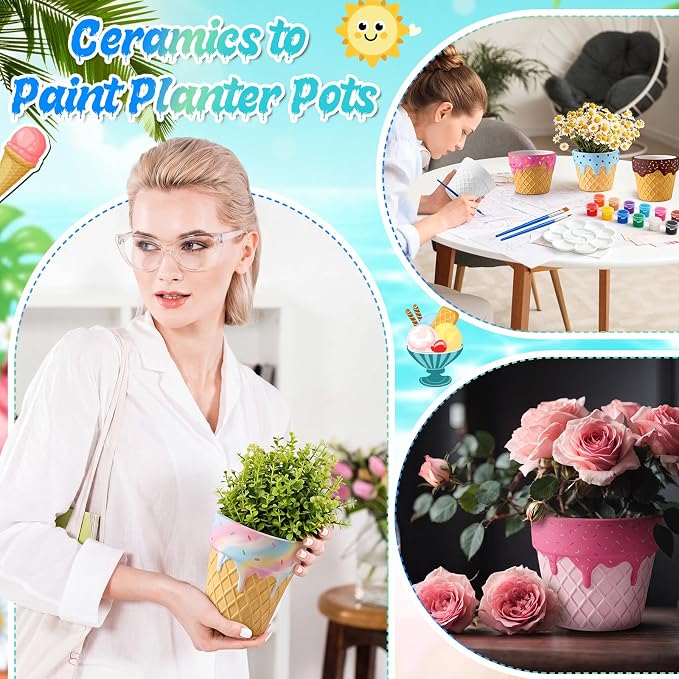 Zubebe 12 Pcs Paint Your Own Ceramic Pots Bulk Unfinished Succulent Pots Craft Kit with Drainage Hole Mini Paintable Plant Vase Ready to Paint Planter for Cactus DIY Craft (Ice Cream)