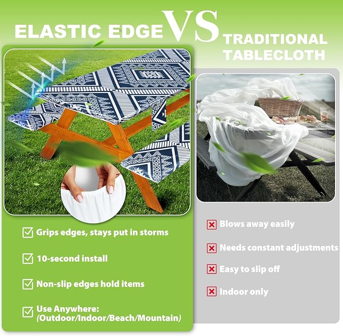 Fitted Picnic Table Cover with Bench Covers Waterproof Elastic Edges Rectangle Patio Tablecloth Outdoor Camping Essentials Stuff Rv Accessories Summer Trip Travel Camper Gifts for Woman Men, 96in 8 ft