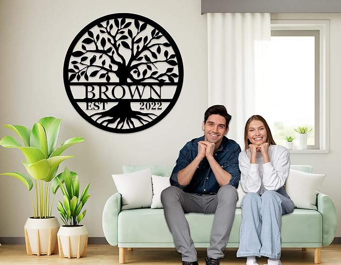 Personalized Family Tree Sign Custom Last Name Metal Wall Decor, Family Name Monogram Sign with Established Year, Tree of Life Home Decor, Rustic Farmhouse Outdoor Garden Decoration, Wedding Gift, Housewarming Gift for Family