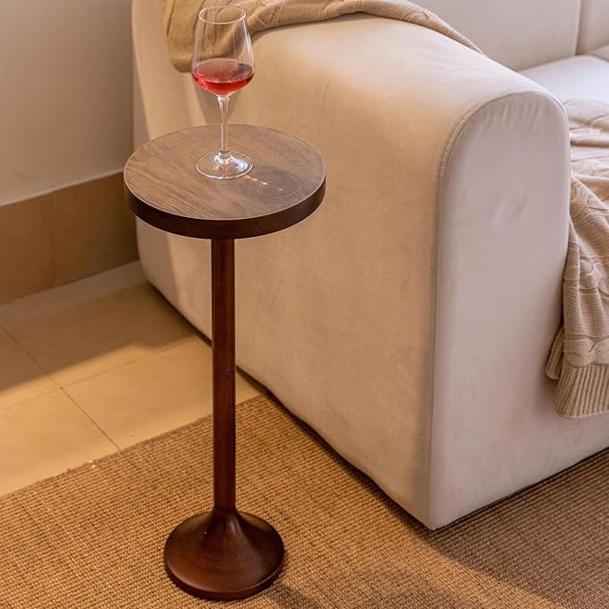 COZAYH Small Pedestal End Table, Living Room Accent Side Table - Display Stand with Wood Top & Distressed Finish Metal Base, Light Espresso