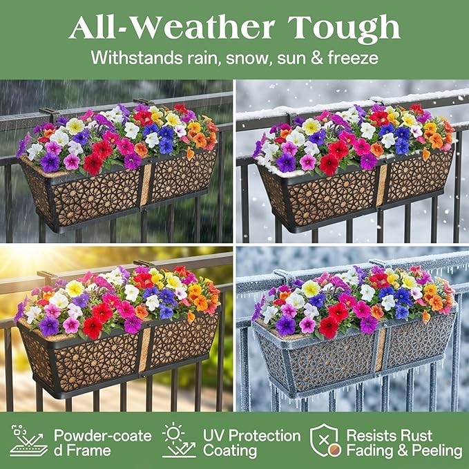 ZeeDix Railing Planter Boxes, 24 Inch Window Flower Box Planters with Coco Liner & Adjustable Brackets for Deck Porch Fence Patio Balcony Gardening Outdoor Plants (2 Pack)