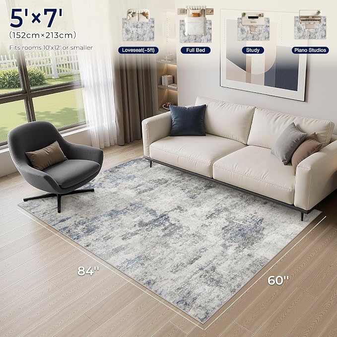 DMOYEST 5x7 Area Rug for Living Room Washable Abstract Indoor Carpet | Neutral Modern Low Pile Rugs Kid & Pet Friendly Soft Thin Carpet for Bedroom Dining Room and Office - Grey Blue