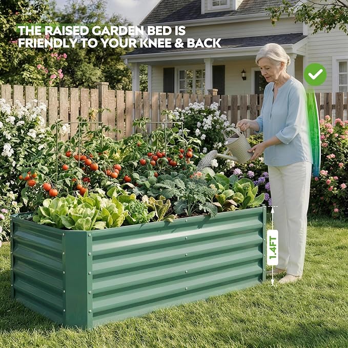 4×2×1.4ft Galvanized Raised Garden Bed Kit, Metal Planter Boxes Outdoor, High Raised Beds for Vegetables, Fruits, and Flowers - LotusGreen