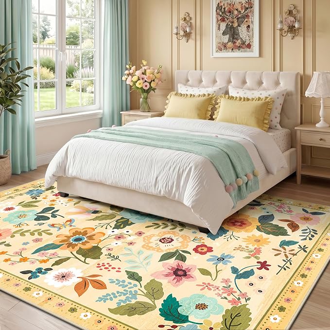 RELEANY Floral Washable 8x10 Area Rugs Yellow/Orange | Flower Carpet, Print, Boho, Non-Slip, Easy to Clean, Soft, Low Pile for Living Room Bedroom Kitchen Office Entryway Hallway