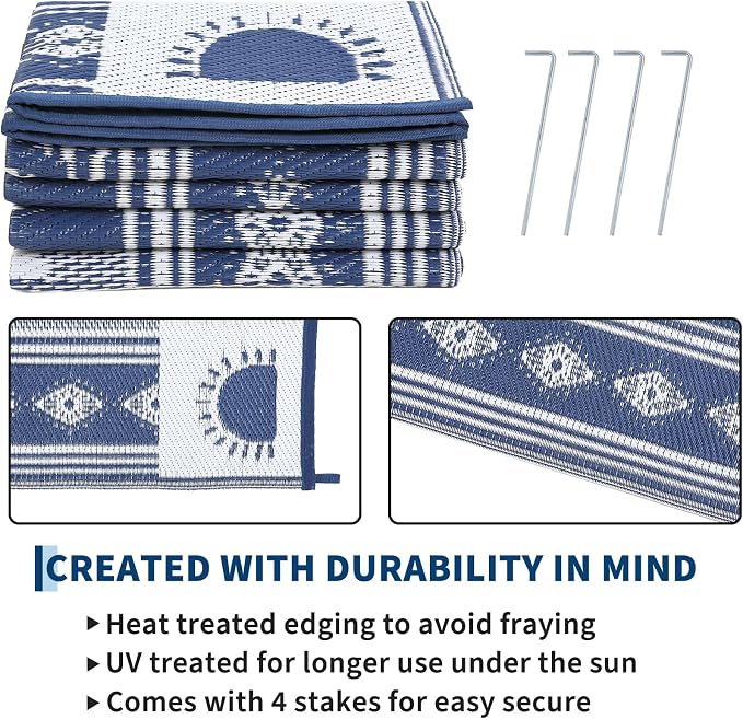 Garvee Waterproof Outdoor Rug 5x8, Cactus Botanical Outdoor Plastic Straw Rug for Camping, Reversible RV Mat Outside, Indoor Outdoor Carpet for Porch, Deck, Backyard, Balcony, Picnic, Navy & White