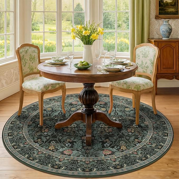 Dark Green 6ft Round Rugs for Dining Room, Living Room, Kitchen, Botanical Floral Washable Circle Area Rug for Bedroom, Traditional Oriental Moody Home Decor Circular Carpet