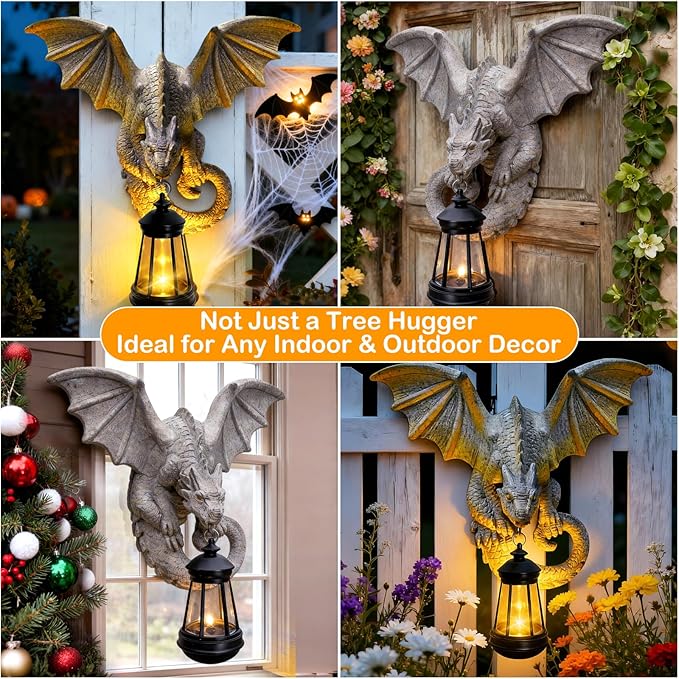 Dragon Tree Hugger Garden Statue - Resin Dragon Figurine Wall Hanger Sculptures Decor with Solar Lantern Lights, Outdoor Waterproof for Balcony Wall Porch Yard, Gifts for Mom Women Birthday
