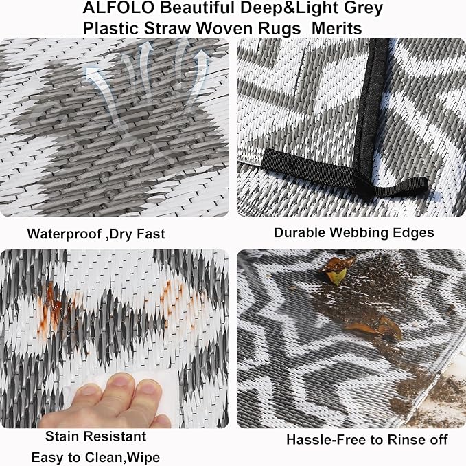 Alfolo Outdoor Rug 9x12 for Patios Clearance,Outdoor Plastic Straw Rug,Waterproof Camping Rugs for Outside Your Rv, Deck, Porch,Beach,Picnic,Pool Grey Recyclable,Easy Cleaning Outside Mats with a Bag