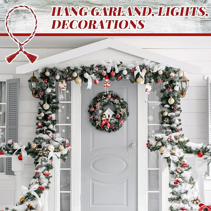 Dingion 20 Pcs Christmas Garland Decorative Banister Ties with Tassel 25.2 Inches Christmas Reusable Twist Ties for Garland Fireplace Staircase Banister Home Xmas Holiday Decorations(Red, White)