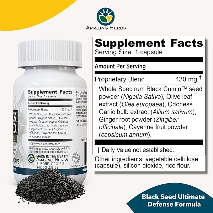 Amazing Herbs Whole Spectrum Black Seed Ultimate, Vegetarian Capsules - Olive Leaf & Garlic Extracts Plus Ginger & Cayenne, Gluten Free, Non GMO, Vegan - 100 Count (Pack of 2)