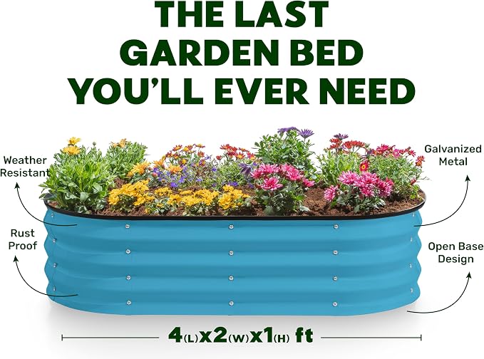 Plant & Plot Galvanized Raised Garden Beds Outdoor // 4×2×1 ft Planter Raised Beds for Gardening, Vegetables, Flowers (Teal) // Large Metal Garden Box