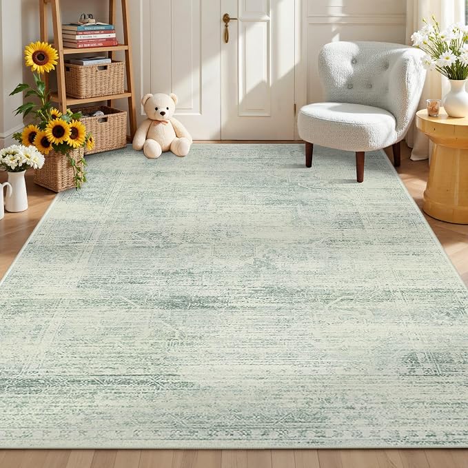 Latte&Fog Area Rugs 6x9 for Living Room, Washable Green Rugs for Bedroom | for Dining Kitchen Kids Playroom Nursery Classroom Dorm Farmhouse Office Non Slip Low Pile Soft Floral Indoor Vintage Carpet
