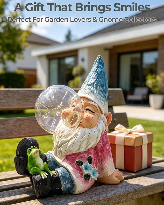 Solar Garden Gnome Statue with Colorful Glowing Bubble Light | Waterproof Resin Garden Statue, Outdoor Garden Decor for Patio, Yard, Lawn & Pathway, LED Figurine Light, 7.6 Inch