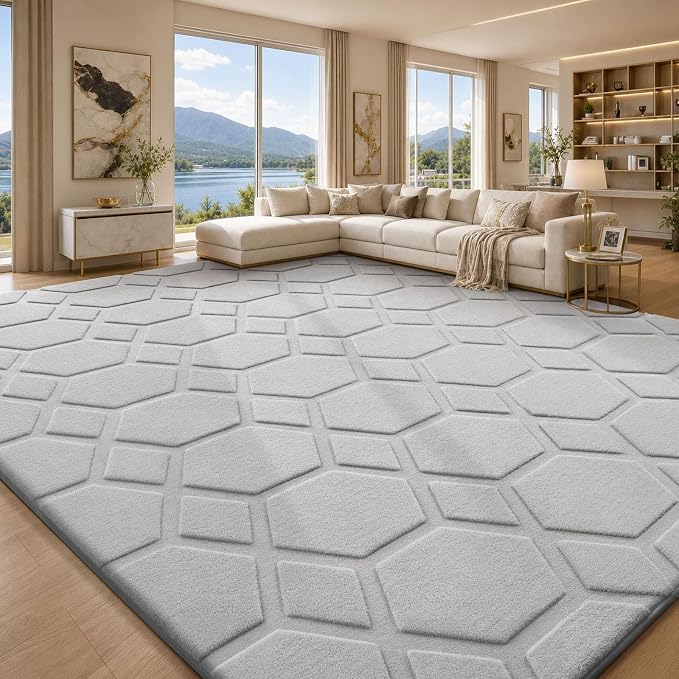 Sour Lemon 8x10 Area Rugs for Living Room Bedroom, Large Carpet Grey Rug | Big, Geometric Alfombra Para Salas Modernas, Washable, Non Slip Soft Thick Fluffy Plush, Memory foam Rug for Kids Playroom