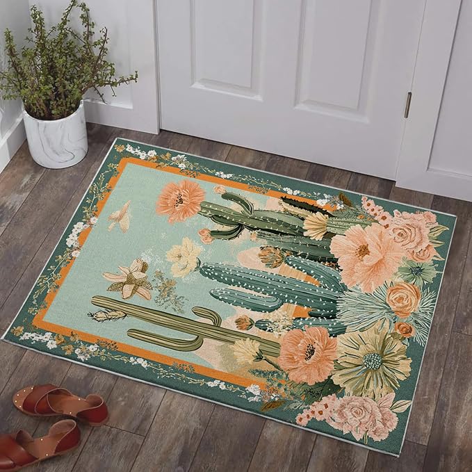 2x3 Cactus Flower Area Rugs Boho Tropical Floral Botanical Green Rug for Bathroom Kitchen Entryway Indoor Soft Non-Slip Thin Carpet Modern Rugs for Dining Room Under Table Washable Machine