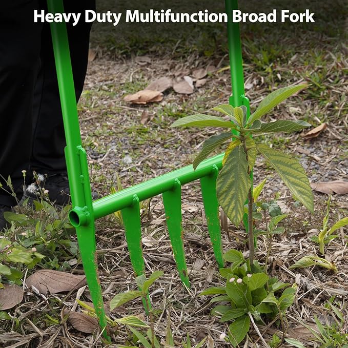 56'' Heavy Duty Broadfork for All the Soils, Unbreakable Pitchfork, 5 Sharp Cambered 11'' Tines Bord Fork Garden Tool, Ergonomic Handles, Good Package, Easy Assembly, Cultivator & Tiller, Green.