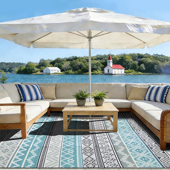 Outdoor Rug Waterproof 5 x 8 ft, Reversible Plastic Straw Rug for Patio, Large Outdoor Carpet for RV, Patio, Camping, Backyard, Deck, Picnic, Beach, Blue & Grey