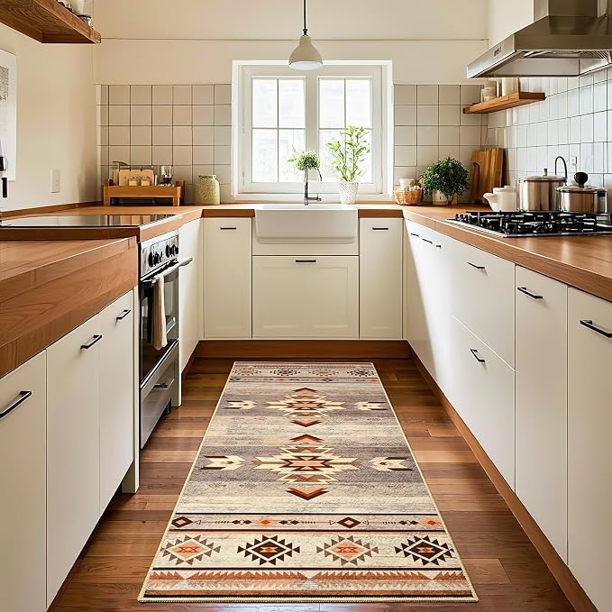 BENRON Western Hallway Runner Rug 2x4, Long Runners for Kitchen, Warm Beige | Southwest aztec Rug, Accent and Tribal Throw Rugs for Bedroom, Washable