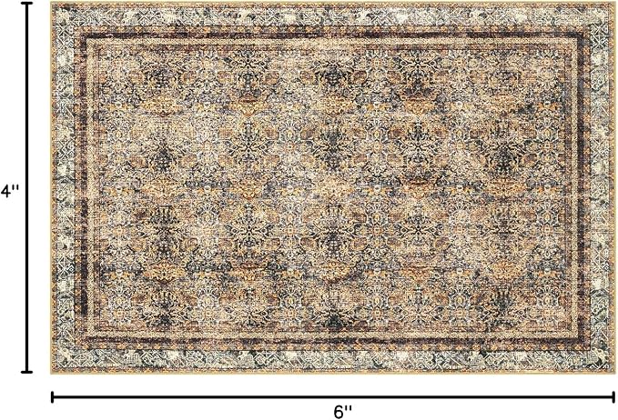 Phantoscope Washable Area Rug 4'x6' Non-Slip, Vintage Neutral Rugs for Living Room, Bedroom, Dining Room, Distressed Boho Floral Medallion Pattern, Low-Pile Foldable Carpet, Brown/Charcoal Spice