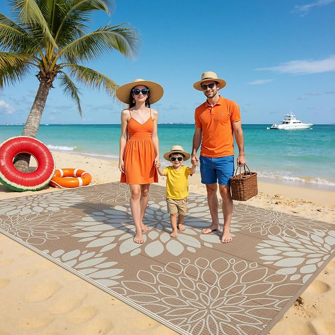 Ileading Waterproof Outdoor Rug 6x9, Reversible Plastic Straw Patio Rug, Portable Indoor Outdoor RV Camping Mat Carpet for Deck, Porch, Balcony, Backyard, Picnic, Floral Brown