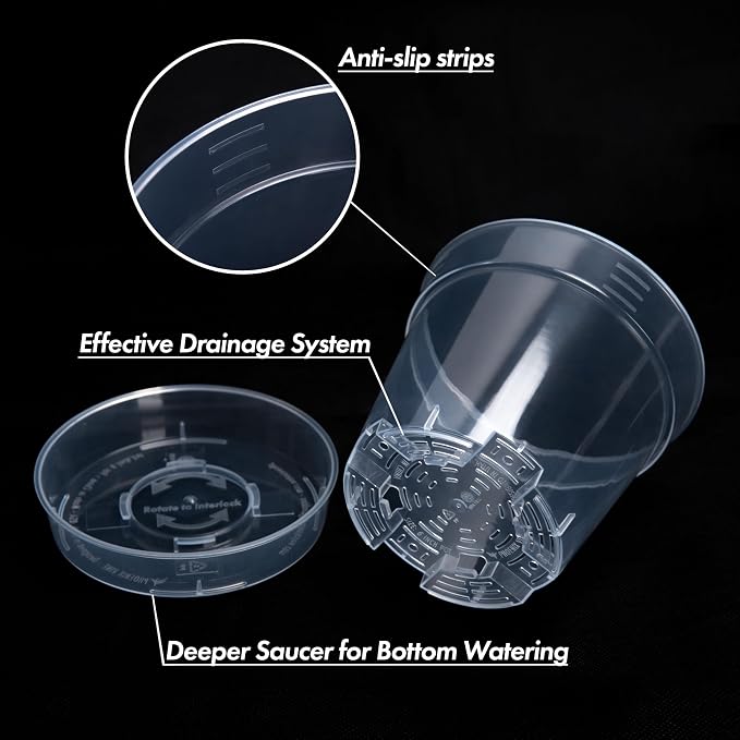 6 Inch Clear Plastic Plant Pot with Drainage Holes, Interlocking & Detachable Tray - Deep Saucer - Durable BPA-Free Plastic, Transparent Design, Raised Base for Airflow, Set of 6, 92-X-A-5