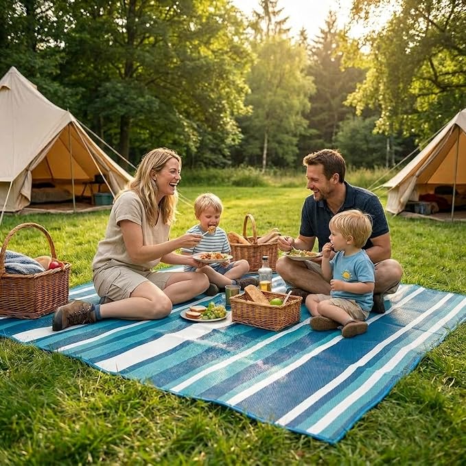 Outdoor Rug Camping Essentials - 4x6 FT Outdoor Plastic Straw Rug for Patio Clearance, Waterproof RV Essentials Outside Area Rug for Deck Garden, Backyard Patio Furniture Set, Blue White