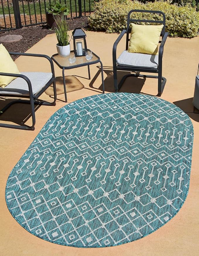 Unique Loom Outdoor Trellis Collection Area Rug - Tribal Trellis (7' 10" x 10' Oval, Teal/ Ivory)