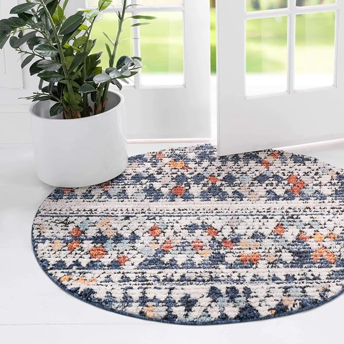 Unique Loom Morocco Collection Abstract Border, Diamond, Bohemian Area Rug (7' 0 x 7' 0 Round, Multi/Blue)