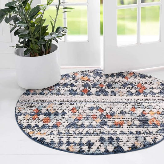 Unique Loom Morocco Collection Abstract Border, Diamond, Bohemian Area Rug (7' 0 x 7' 0 Round, Multi/Blue)