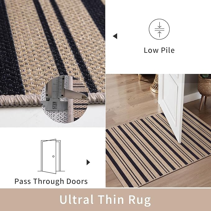 Tangsoo Easy Jute 2.6x10 Washable Runner Rug for Hallway,Non-Slip Long Rug | Modern Thin Outdoor Runner Mat Farmhouse Indoor Stripe Long Carpet Runner for Porch Laundry Bedroom Living Room Entryway