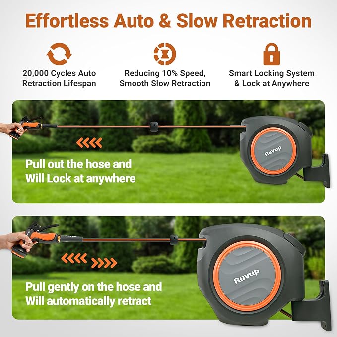 Ruvup Retractable Garden Hose Reel, 1/2” x 110ft+6.5ft Automatic Water Hoses Reels for Outside with 10 Pattern Nozzle, UV Resistant Wall Mount Slow Retraction Any Length Lock 180° Swivel Bracket