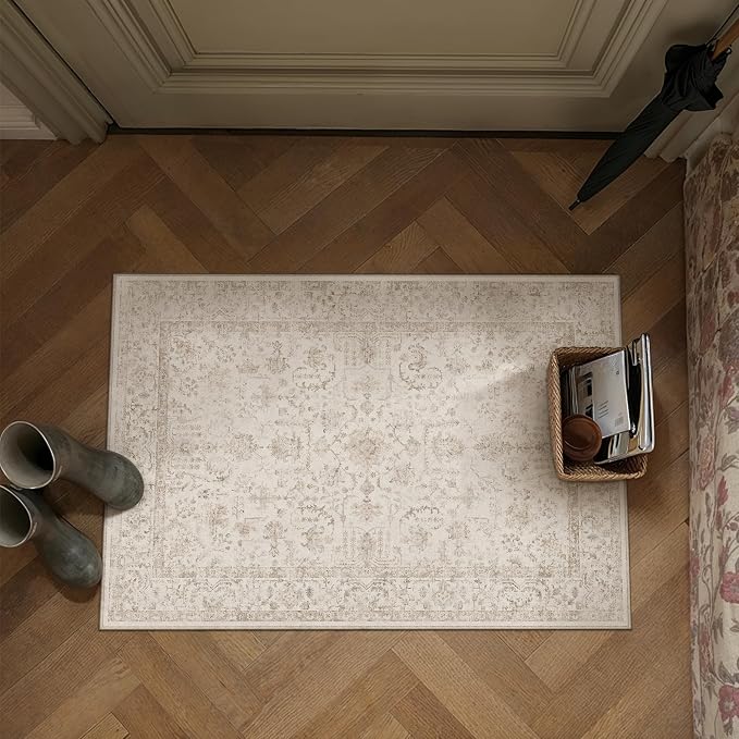 2x3 Beige Neutral Entryway Area Rug | Washable, Low Pile, Accent, Vintage, Soft, Non Slip, Small Mat for Bathroom Entrance Bedroom Indoor Home Decor