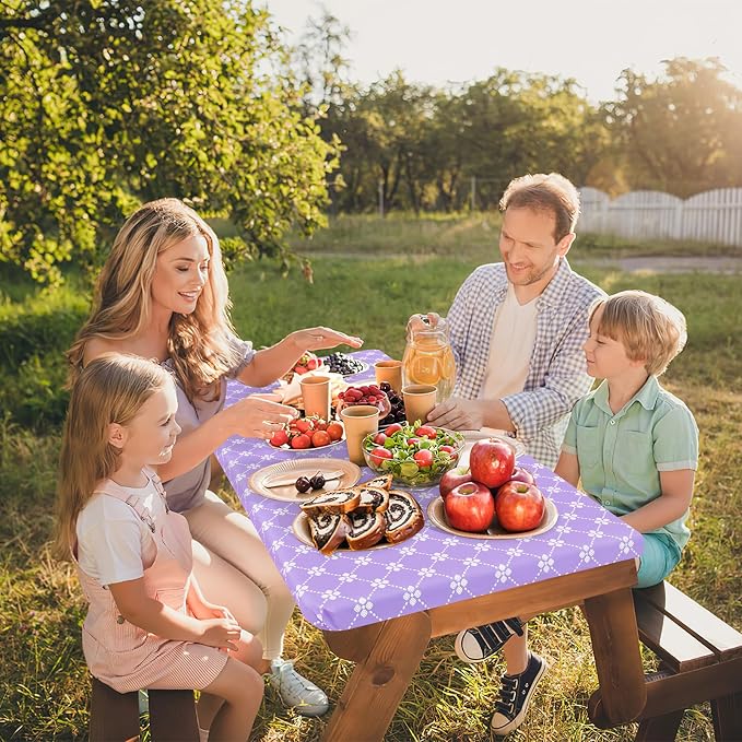 misaya Rectangle Vinyl Table Cloth, Elastic Fitted Tablecloth with Flannel Backing, Waterproof Plastic Table Cover Fits 4 Foot Folding Tables for Picnic, Camping and Outdoor (Lavender, 30" x 48")