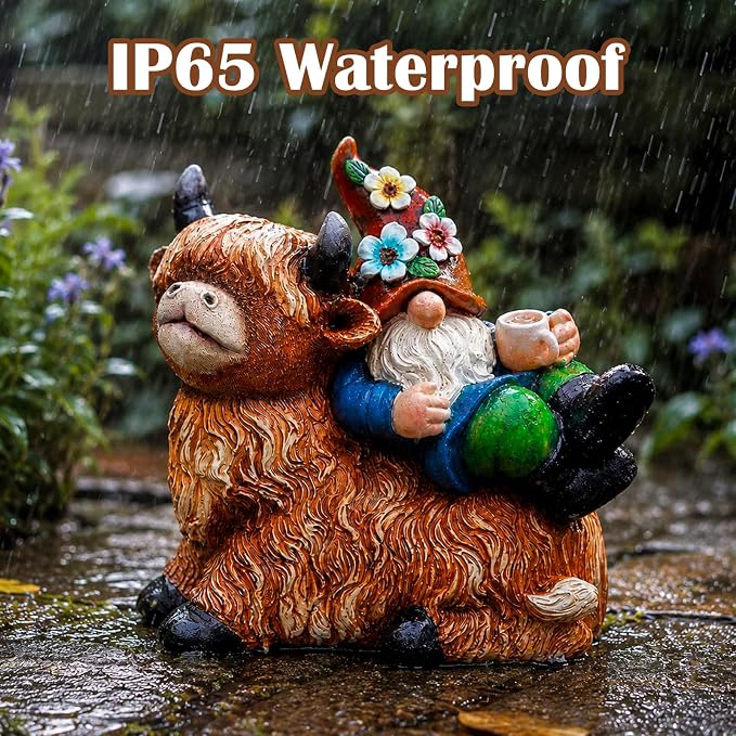 Pohabery Garden Gnomes Decor Outdoor Statues, Gnome on Highland Cow with Solar Cup Light, Patio Yard Decor, Gift for Mom Women Garden Lovers（M