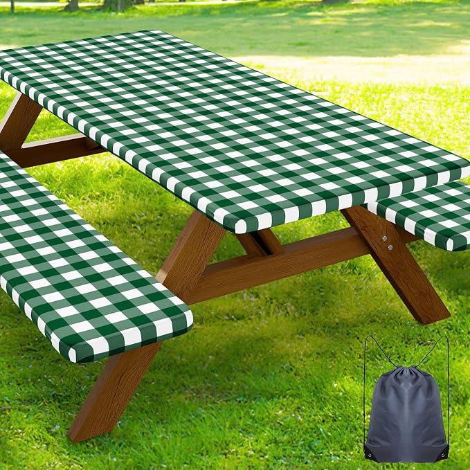 Smiry Picnic Table Cover with Bench Covers, Waterproof Elastic Fitted Tablecloths for 8 Foot Rectangle Tables, Washable Buffalo Plaid Tablecloth for Camping, Outdoor (Hunter Green & White, 30"x96")