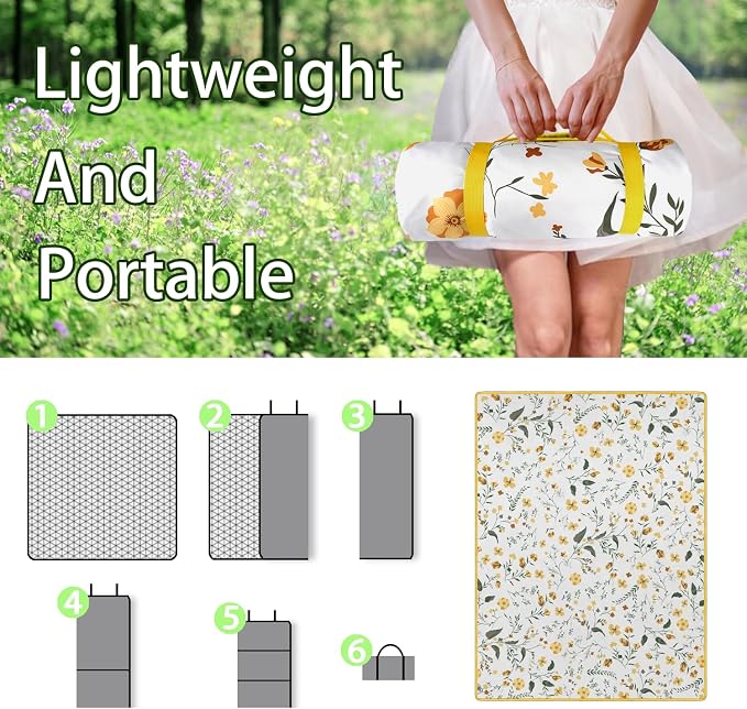 Flower Picnic Blankets Waterproof Foldable, 60’‘x80'' Portable Dual Layers Outdoor Travel Camping Picnic Backpacking Hiking Beach Blanket Mat for Grass Padded Lawn Park Beach ,Picnic Accessories