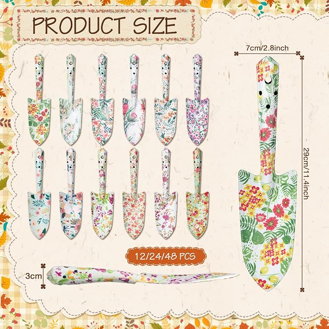 24 Pcs Floral Garden Shovels Bulk Gardening Gift for Women Heavy Duty Metal Garden Tools Floral Hand Shovel Planting for Summer Employees Birthday Thank You Gifts (Multiple Flowers)