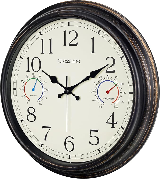 Crosstime 16 Inch Large Outdoor Clock Waterproof with Thermometer and Hygrometer Combo, Retro Indoor Outdoor Wall Clocks for Patio, Pool, Garden, Backyard Decor- Bronze